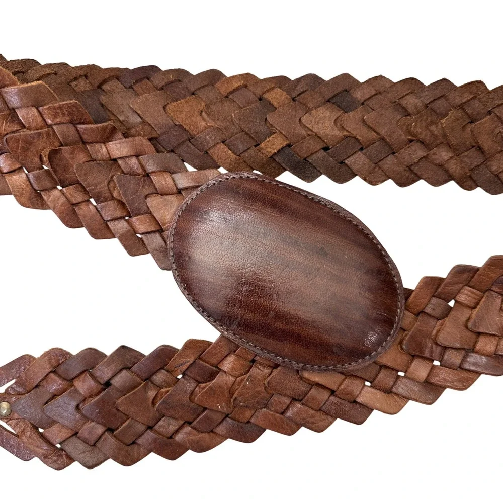 VTG Chicos Genuine Leather Woven Braided Wide Belt M Brown Morocco Boho Western